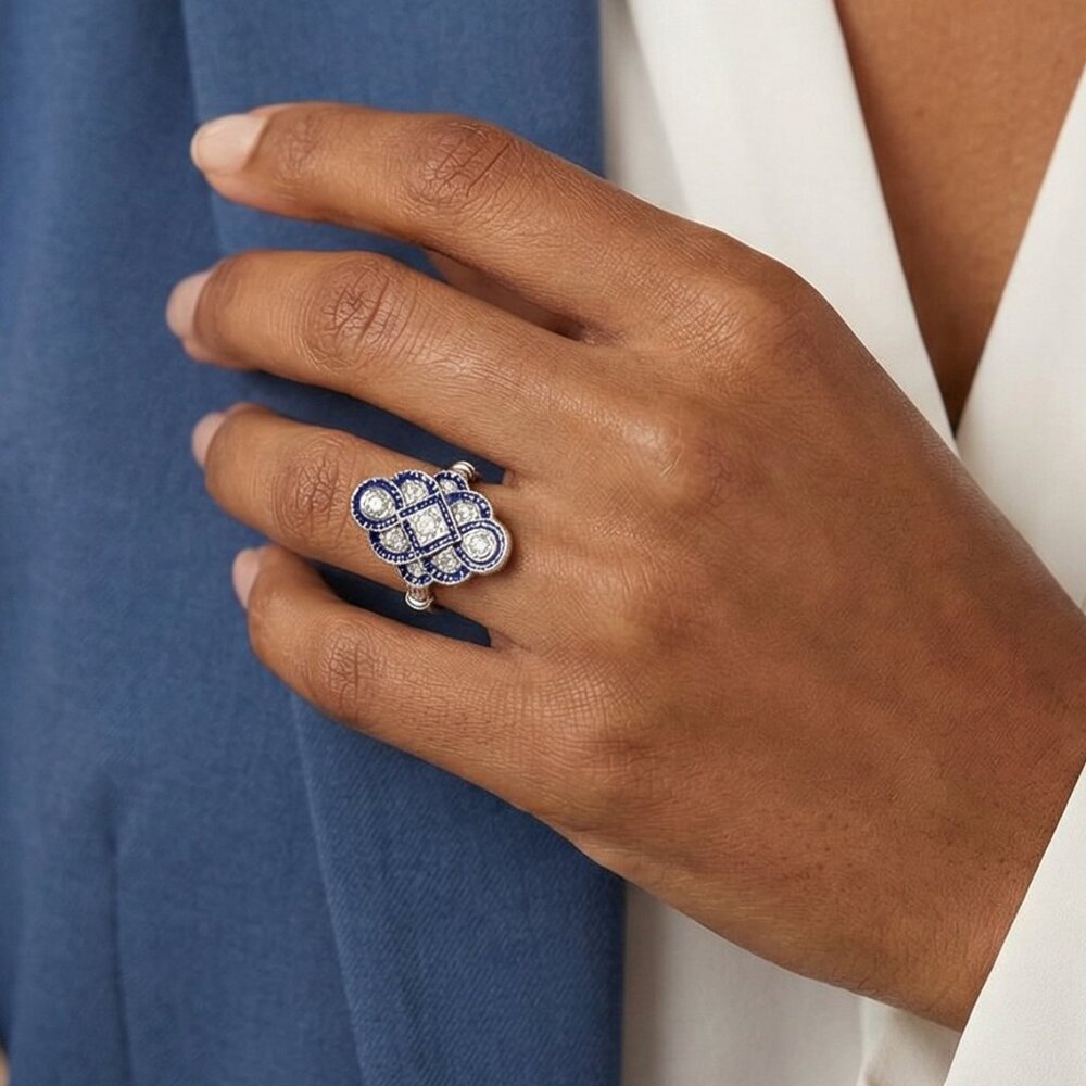 Geometric Blue Rhinestone Statement Ring | Silver-Tone Fashion Cocktail Ring